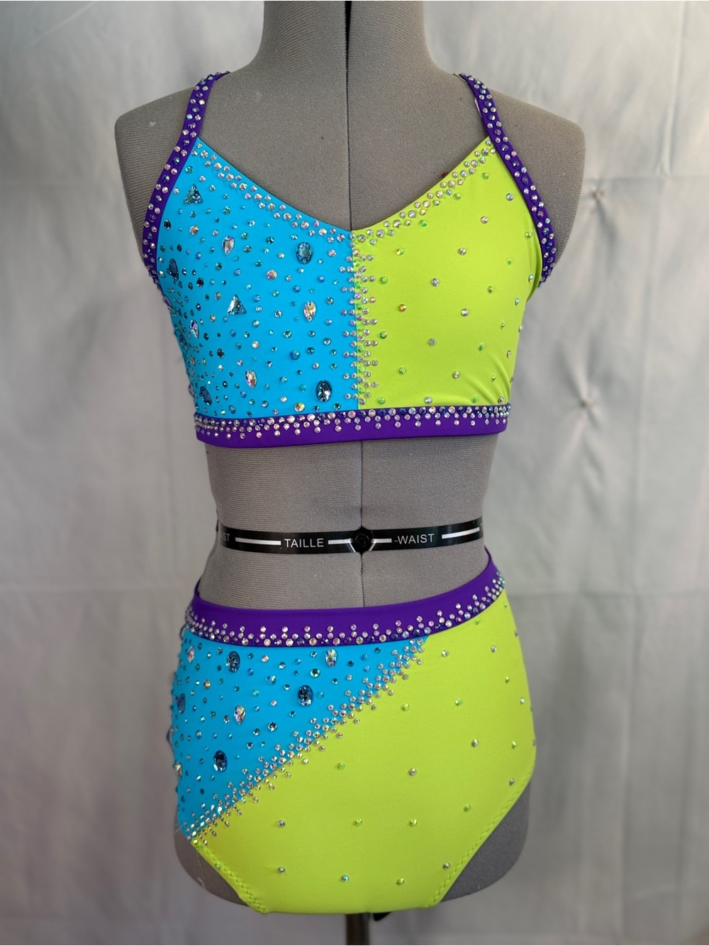 Kids Two-Tone Lime & Turquoise Dance Costume with Purple Trim